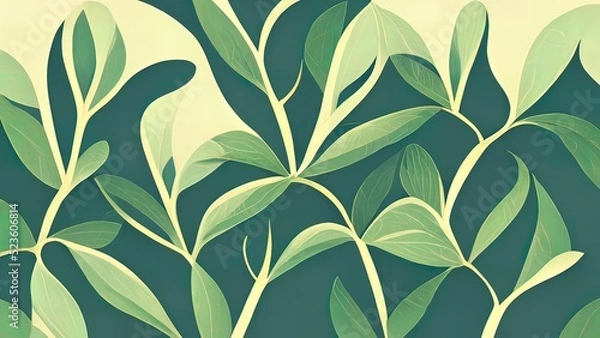 Obraz Organic green leaf texture. Abstract pattern of graphic vegetal leaves. Healthy organic, natural feeling. Stylized 4k background, backdrop illustration. Pastel colors.