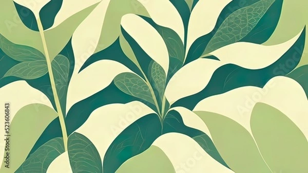 Obraz Organic green leaf texture. Abstract pattern of graphic vegetal leaves. Healthy organic, natural feeling. Stylized 4k background, backdrop illustration. Pastel colors.