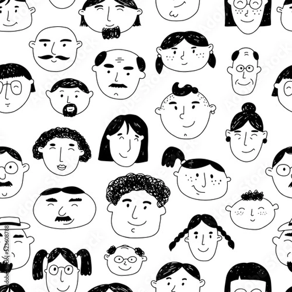 Fototapeta Diverse women's and men's heads seamless pattern. Black and white background with faces. Hand drawn line art. Perfect for textil