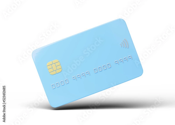 Obraz Credit card mockup floating isolated on blue background. Mobile banking and Online payment service. Digital marketing, E commerce. Quick and easy shopping and retail concept. Withdraw money. 3d render