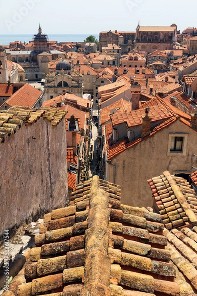 Fototapeta View over historic rooftops in Dubrovnik, Croatia. old terracotta tiles close up