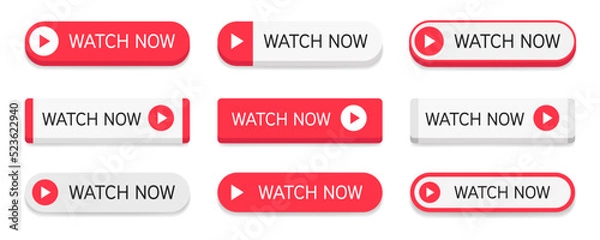 Obraz Set of red and white buttons with text watch now isolated on white background. Vector illustration..