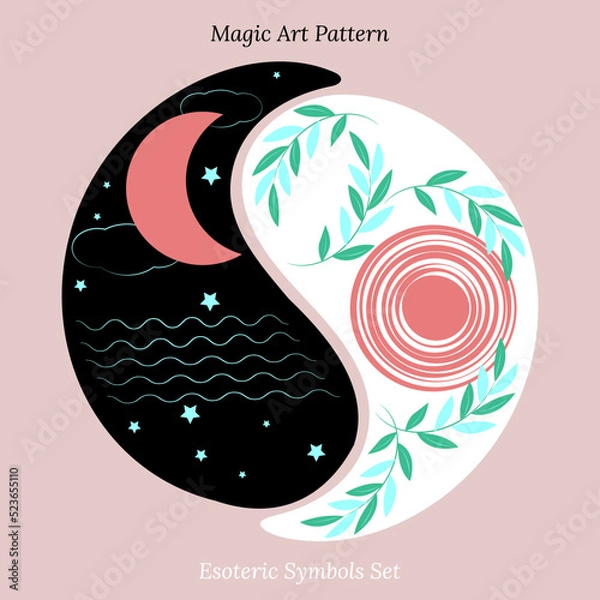 Fototapeta Yin Yang symbol set, day and night, sun and moon, unity and opposite. Vector drawing for design of an esoteric session, tattooing.