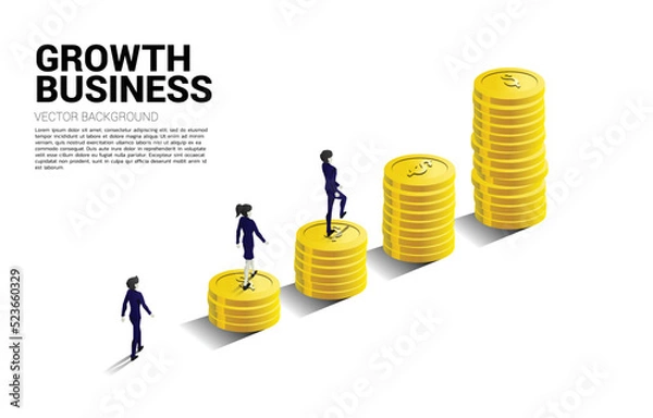 Fototapeta Silhouette of businessman and businesswoman walking to top of stack of coin. Concept of success investment and growth in business