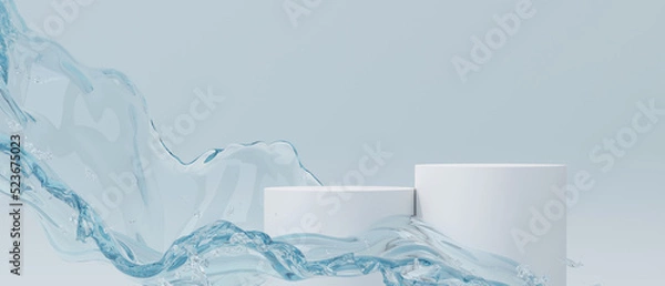 Fototapeta 3d cosmetic background. podium and abstract water splash blue background for banner, product or cosmetics presentation. 3d rendering illustration.