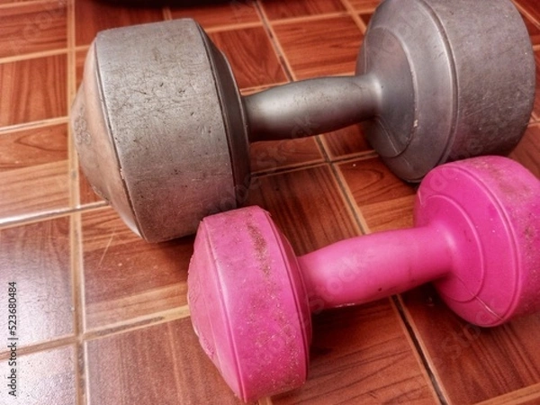 Fototapeta Two gray and pink dumbbells are on the brown floor