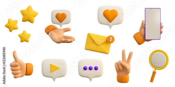 Fototapeta 3d education and social media icons for university and school. Realistic 3d high quality isolated render