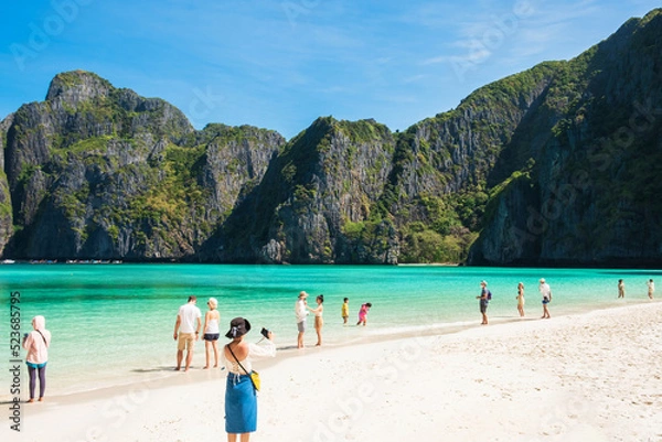 Fototapeta Beautiful scenery of Maya Bay beach on Phi Phi island, Krabi, Thailand. landmark, destination Southeast Asia Travel, vacation and holiday concept