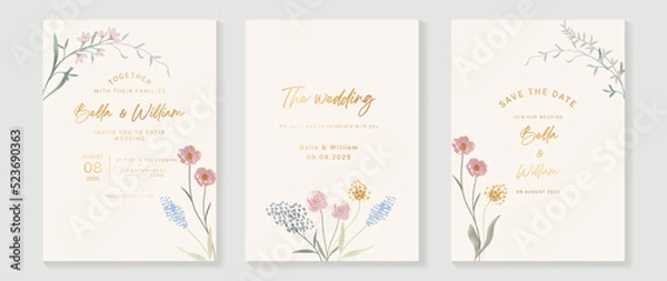 Fototapeta Luxury botanical wedding invitation card template. Watercolor card with eucalyptus, leaves branches, foliage, wildflowers. Elegant blossom vector design suitable for banner, cover, invitation.