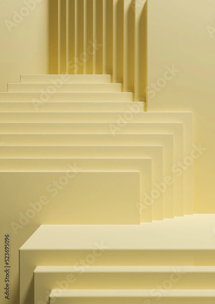 Fototapeta Warm, light, bright, pastel yellow 3D Illustration simple minimal product display background side view abstract squares podium stand for product photography or wallpaper for luxury products