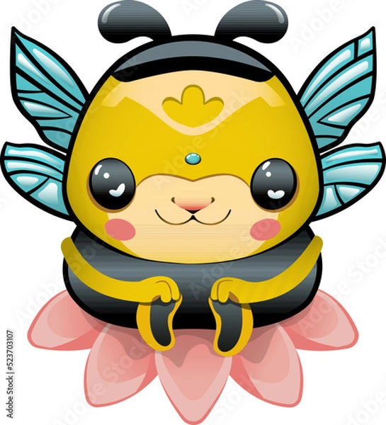 Fototapeta A cute, plump, yellow and black bumblebee sits on a pink flower. Isolated image on a white background. Hymenoptera insect. Vector illustration, cute cartoon kawaii style. Children's illustration.