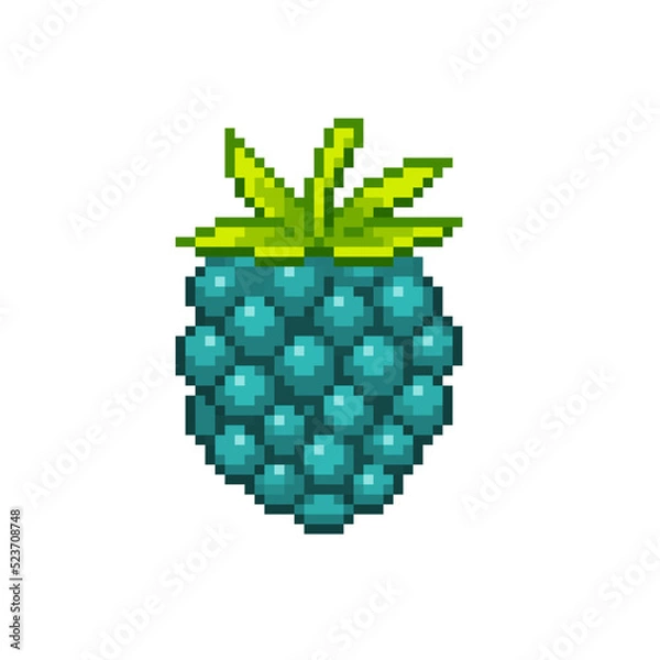 Fototapeta An 8-bit retro-styled pixel-art illustration of a light blue raspberry with lime green leaves.