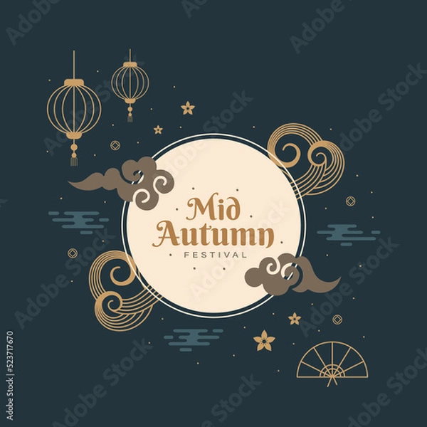 Fototapeta Happy chinese mid autumn festival greeting card illustration with elegant color concept