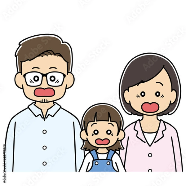 Fototapeta 3人家族　びっくり　上半身　イラスト　表情　