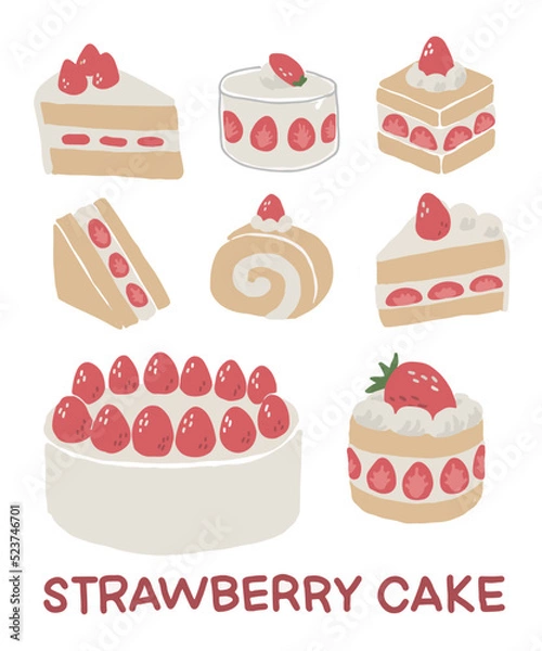 Obraz set of cakes, hand drawn Strawberry, red strawberries art set