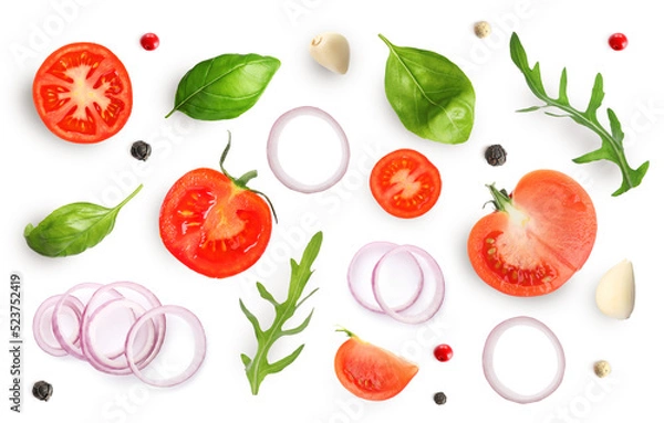 Fototapeta Fresh ripe tomatoes with garlic, onion, basil, arugula and peppercorns on white background, top view