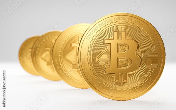 Obraz Bitcoin alignment on white background.