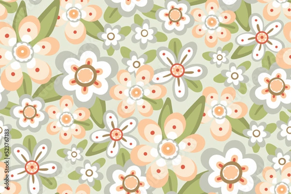 Fototapeta Seamless floral pattern, decorative ditsy print in pastel colors. Cute botanical background design with gentle meadow, hand drawn flowers, leaves. Vector illustration.