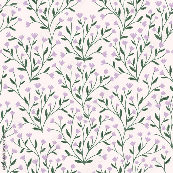 Fototapeta Wild grass seamless patterns with small flowers, mystica endlessl vector repeating background with wildflowers. Floral digital paper