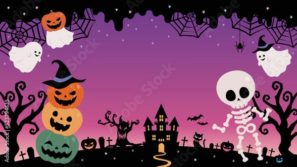 Obraz ハロウィン カボチャとオバケと骸骨のフレーム背景素材