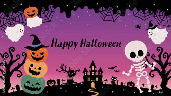 Obraz ハロウィン カボチャとオバケと骸骨のフレーム背景素材