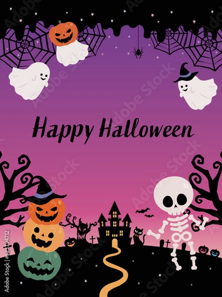 Obraz ハロウィン カボチャとオバケと骸骨のフレーム背景素材