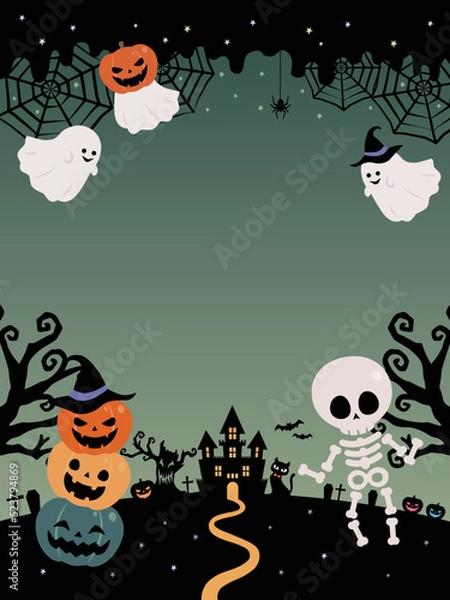 Obraz ハロウィン カボチャとオバケと骸骨のフレーム背景素材