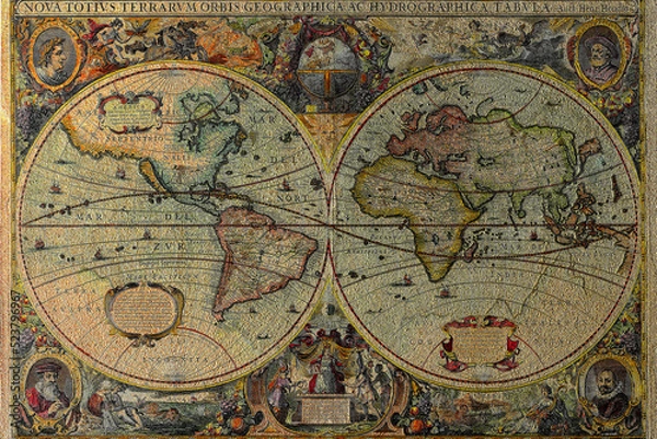 Fototapeta Ancient world map made by H. Hondius dated 1630. The map is in public domain. 3D render illustration.