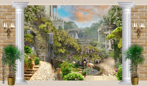 Fototapeta Wallpaper on the wall, mountain landscape with a terrace and flamingos in a lake near a waterfall. Digital illustration.
