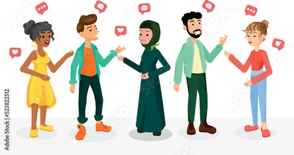 Fototapeta Vector illustration of a multinational group of people having a dialogue with each other. They have different cultures and different communication. Racial diversity concept.