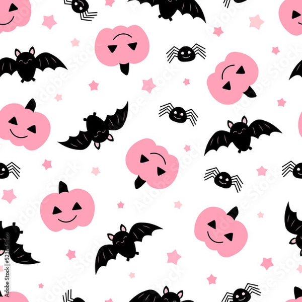 Obraz Seamless pattern pink pumpkin cute bat Halloween vector illustration