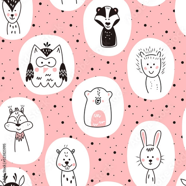 Fototapeta Seamless pattern with cute animals in Scandinavian style. Vector funny illustration for children.