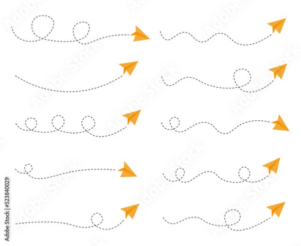 Fototapeta Set of dashed line paper airplane route 