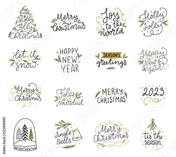 Obraz Set of line art Christmas holidays hand written lettering typography phrase, hand drawn quotes for banner, poster, card design.