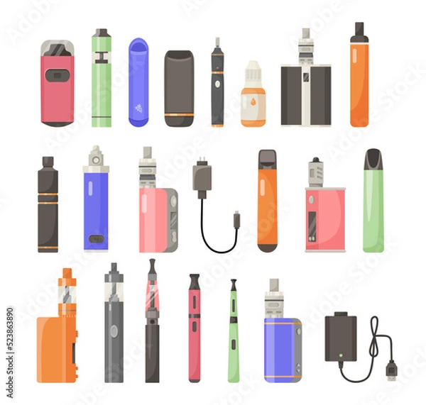 Obraz Different types of e-cigarettes vector illustrations set. Accessories for electric or electronic cigarettes, chargers and liquid for vapes isolated on white background. Smoking, technology concept