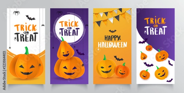 Fototapeta Collection Template flyer with 3D paper pumpkins with Halloween faces. Banner, brochure