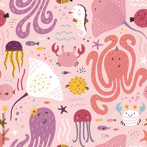 Fototapeta Hand-drawn childish seamless pattern with underwater world.