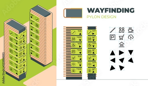 Obraz Wayfinding wood pylon design for indoor and outdoor navigation with isometry, front and profile projection with arrows icons and titles.