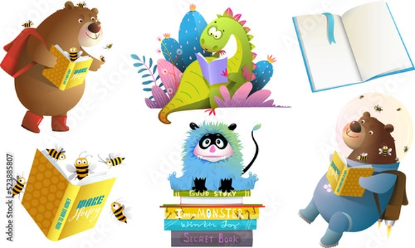 Fototapeta Animals reading books and studying, cartoon set for library or school, Cute bear monster and dragon reading books, collection of educational clipart. Vector illustration isolated on white.