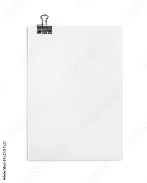Fototapeta Sheet of paper with clip isolated on white, top view