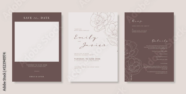 Fototapeta Engraved wedding card design with beautiful floral. luxury wedding invitation with simple and minimalist style