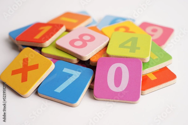 Fototapeta Number wood block cubes for learning Mathematic, education math concept.