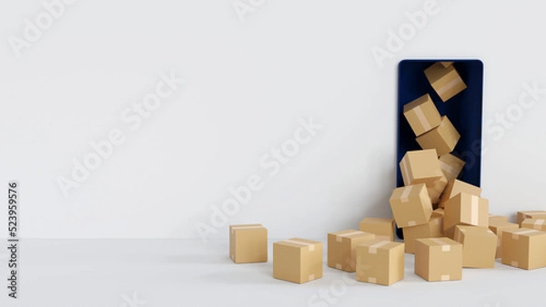 Fototapeta Cardboard box parcel overflow from smartphone display, online delivery concept, 3D rendering.