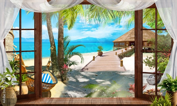 Fototapeta View of the sea and the bungalow from the window of the house. Digital collage. Photo wallpapers.