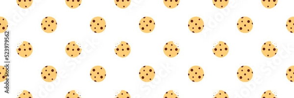 Fototapeta Wide horizontal vector seamless pattern background for snack design with cute little chocolate chips cookies, whole and with bite marks.
