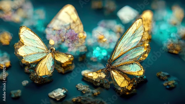 Fototapeta Butterflies created from diamonds and precious stones. Beautiful background. Hi tech. AI.