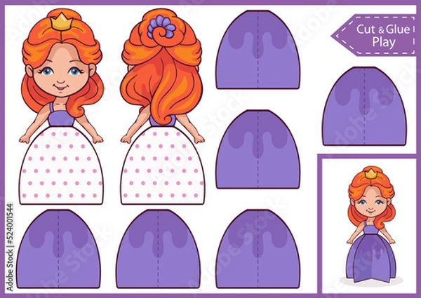 Fototapeta Kids craft template 3d a paper doll princess. Ornament for birthday party. DIY papercraft project. Worksheet for and activity page. Education children game. Vector illustration.