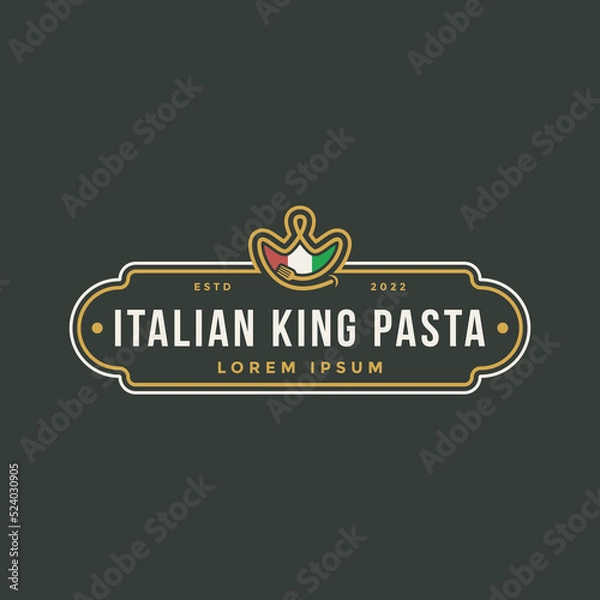 Obraz Pasta emblem logo icon template with crown smile fork noodle symbol on dark background.