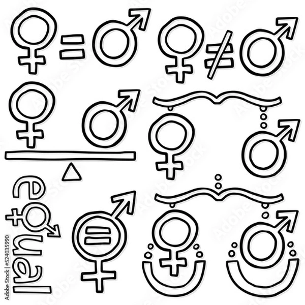 Fototapeta masculine feminine sex gender symbol set equal rights monochrome black hand drawn vector pictograms for web and print