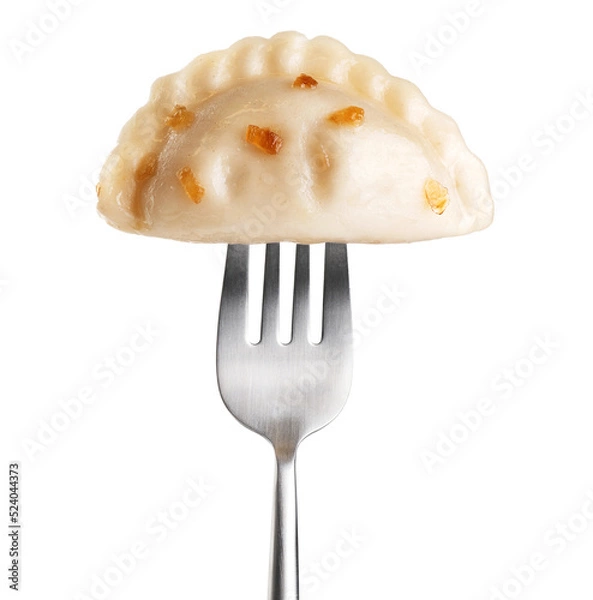 Fototapeta Dumpling with fried onions impaled on a fork  isolated on white background. With clipping path.